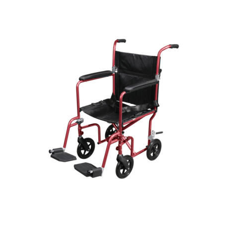 Deluxe Fly-Weight Aluminum Transport Chair with Removable Casters (Red)
